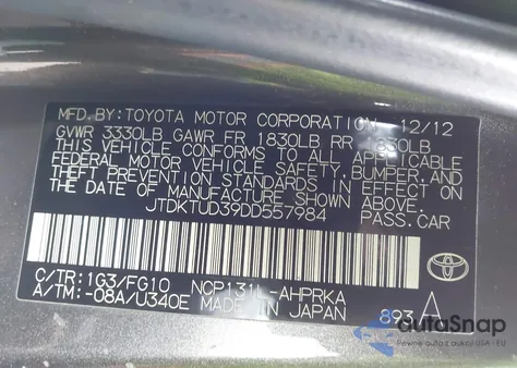 2013 Toyota Yaris L/Le/Se из США, поврежденный, VIN JTDKTUD39DD557984